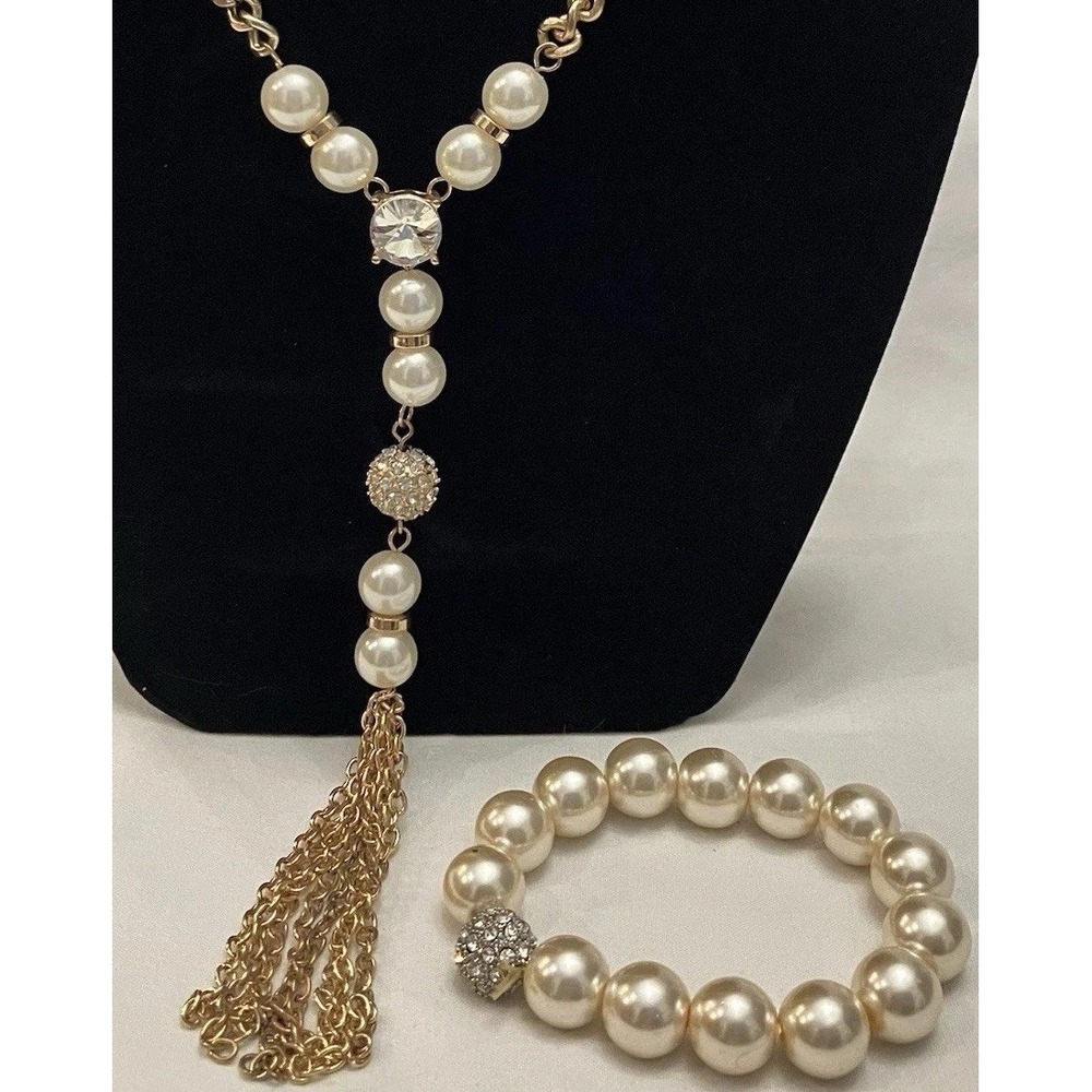 Gold Tone Faux Pearl Crystal Rhinestone Y Lariat Necklace Bracelet Bridal Set